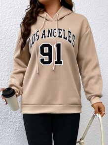 SHEIN EZwear 加大码字母图案落肩抽绳保暖卫衣 - 卡其色 - 查看 6