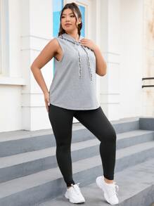 Plus Letter Graphic Drawstring Hooded Tank Top & Leggings - Multicolor - View 4