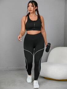 Gameset SHEIN Sport Plus Zip Up Racer Back Sports Bra - Black - View 6