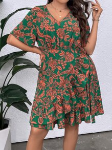 SHEIN Holidaya Vestido con estampado floral ribete con fruncido cruzado con nudo lateral - Multicolor - Ver 3