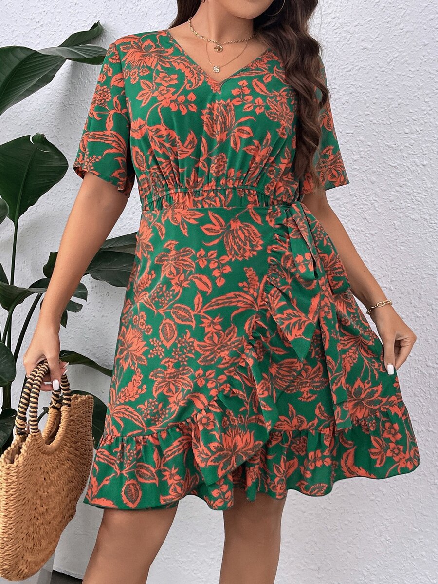 SHEIN Holidaya Vestido con estampado floral ribete con fruncido cruzado con nudo lateral - Multicolor - Ver 1