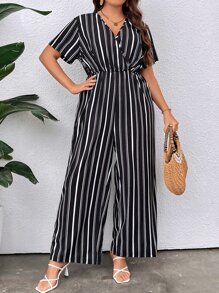 SHEIN LUNE Plus Striped Print Surplice Neck Jumpsuit - Black and White - View 1