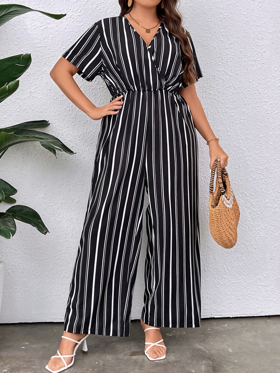 SHEIN LUNE Plus Striped Print Surplice Neck Jumpsuit - Black and White - View 1