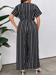 SHEIN LUNE Plus Striped Print Surplice Neck Jumpsuit - Black and White - View 2