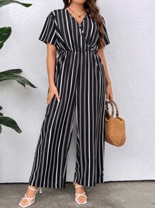 SHEIN LUNE Plus Striped Print Surplice Neck Jumpsuit - Black and White - View 3