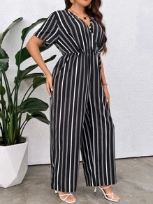 SHEIN LUNE Plus Striped Print Surplice Neck Jumpsuit - Black and White - View 4