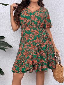 SHEIN Holidaya Vestido con estampado floral ribete con fruncido cruzado con nudo lateral - Multicolor - Ver 6