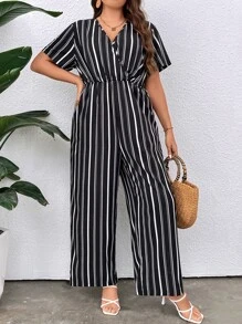 SHEIN LUNE Plus Striped Print Surplice Neck Jumpsuit - Black and White - View 5