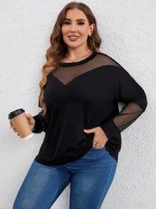 SHEIN LUNE Áo thun Plus size Tương phản Mesh màu trơn Giải trí - màu đen - Xem 1