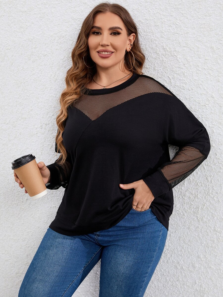 SHEIN LUNE Áo thun Plus size Tương phản Mesh màu trơn Giải trí - màu đen - Xem 1