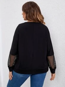 SHEIN LUNE Áo thun Plus size Tương phản Mesh màu trơn Giải trí - màu đen - Xem 2