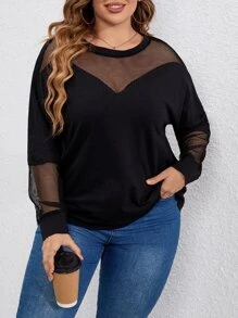 SHEIN LUNE Áo thun Plus size Tương phản Mesh màu trơn Giải trí - màu đen - Xem 3