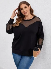 SHEIN LUNE Áo thun Plus size Tương phản Mesh màu trơn Giải trí - màu đen - Xem 5