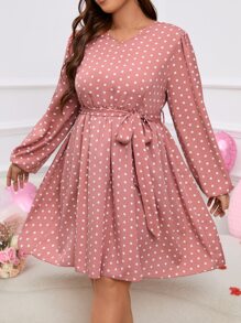 SHEIN Clasi Vestido con cinturón con estampado de lunares de manga farol - Rosa coral - Ver 1