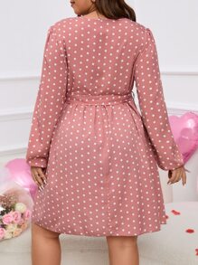 SHEIN Clasi Vestido con cinturón con estampado de lunares de manga farol - Rosa coral - Ver 2