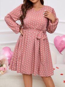 SHEIN Clasi Vestido con cinturón con estampado de lunares de manga farol - Rosa coral - Ver 3