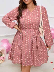 SHEIN Clasi Vestido con cinturón con estampado de lunares de manga farol - Rosa coral - Ver 4