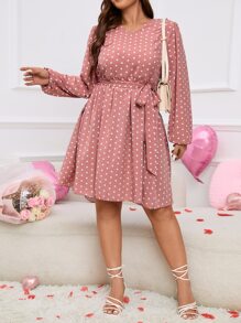 SHEIN Clasi Vestido con cinturón con estampado de lunares de manga farol - Rosa coral - Ver 6