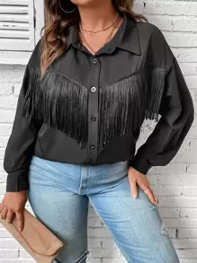 SHEIN Unity Plus Fringe Trim Drop Shoulder Shirt Fall Cloth For Women - Black - View 1