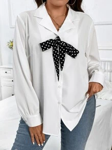 SHEIN LUNE Plus Polka Dot Tie Front Shirt - White - View 1