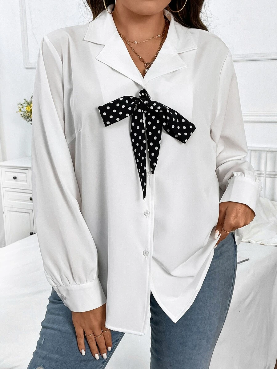 SHEIN LUNE Plus Polka Dot Tie Front Shirt - White - View 1