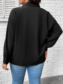 SHEIN Unity Plus Fringe Trim Drop Shoulder Shirt Fall Cloth For Women - Black - View 2