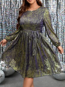 SHEIN Clasi Plus Lantern Sleeve Belted Metallic Dress - Multicolor - View 1