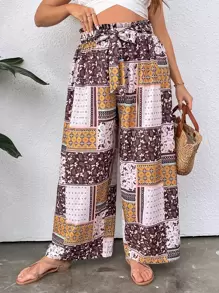 SHEIN Holidaya Plus Patchwork Print Paperbag Waist Belted Wide Leg Trousers - Multicolor - View 1