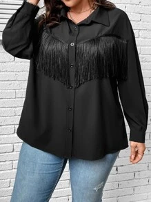 SHEIN Unity Plus Fringe Trim Drop Shoulder Shirt Fall Cloth For Women - Black - View 3