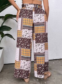 SHEIN Holidaya Plus Patchwork Print Paperbag Waist Belted Wide Leg Trousers - Multicolor - View 2