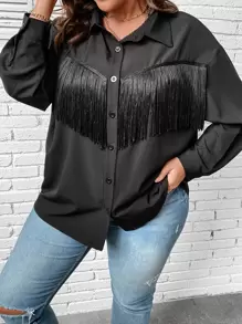 SHEIN Unity Plus Fringe Trim Drop Shoulder Shirt Fall Cloth For Women - Black - View 4
