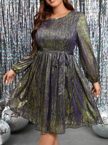 SHEIN Clasi Plus Lantern Sleeve Belted Metallic Dress - Multicolor - View 3
