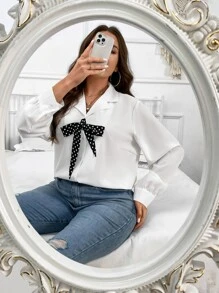 SHEIN LUNE Plus Polka Dot Tie Front Shirt - White - View 5