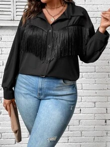 SHEIN Unity Plus Fringe Trim Drop Shoulder Shirt Fall Cloth For Women - Black - View 5
