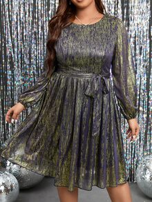 SHEIN Clasi Plus Lantern Sleeve Belted Metallic Dress - Multicolor - View 5