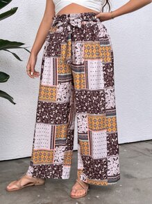 SHEIN Holidaya Plus Patchwork Print Paperbag Waist Belted Wide Leg Trousers - Multicolor - View 3