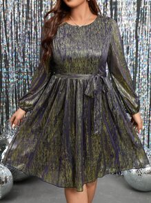SHEIN Clasi Plus Lantern Sleeve Belted Metallic Dress - Multicolor - View 6