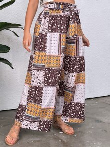 SHEIN Holidaya Plus Patchwork Print Paperbag Waist Belted Wide Leg Trousers - Multicolor - View 4