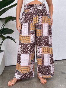 SHEIN Holidaya Plus Patchwork Print Paperbag Waist Belted Wide Leg Trousers - Multicolor - View 5
