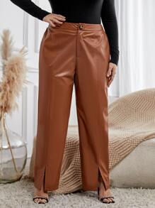 Mulvari Plus Zipper Fly Split Hem PU Leather Trousers - Coffee Brown - View 1
