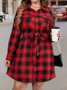 SHEIN LUNE 大碼格紋翻蓋口袋腰帶襯衫洋裝