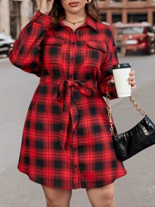 SHEIN LUNE 大碼格紋翻蓋口袋腰帶襯衫洋裝