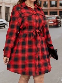 SHEIN LUNE 大碼格紋翻蓋口袋腰帶襯衫洋裝