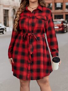 SHEIN LUNE 大碼格紋翻蓋口袋腰帶襯衫洋裝