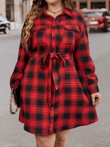 SHEIN LUNE 大碼格紋翻蓋口袋腰帶襯衫洋裝