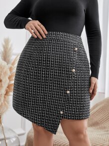 SHEIN Franclia Plus High Waist Plaid Pattern Single Breasted Asymmetrical Hem Tweed Skirt - Black and White - View 5