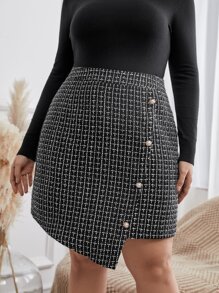 SHEIN Franclia Plus High Waist Plaid Pattern Single Breasted Asymmetrical Hem Tweed Skirt - Black and White - View 6