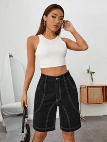 High Waist Top-stitching Bermuda Denim Shorts - Black - View 2