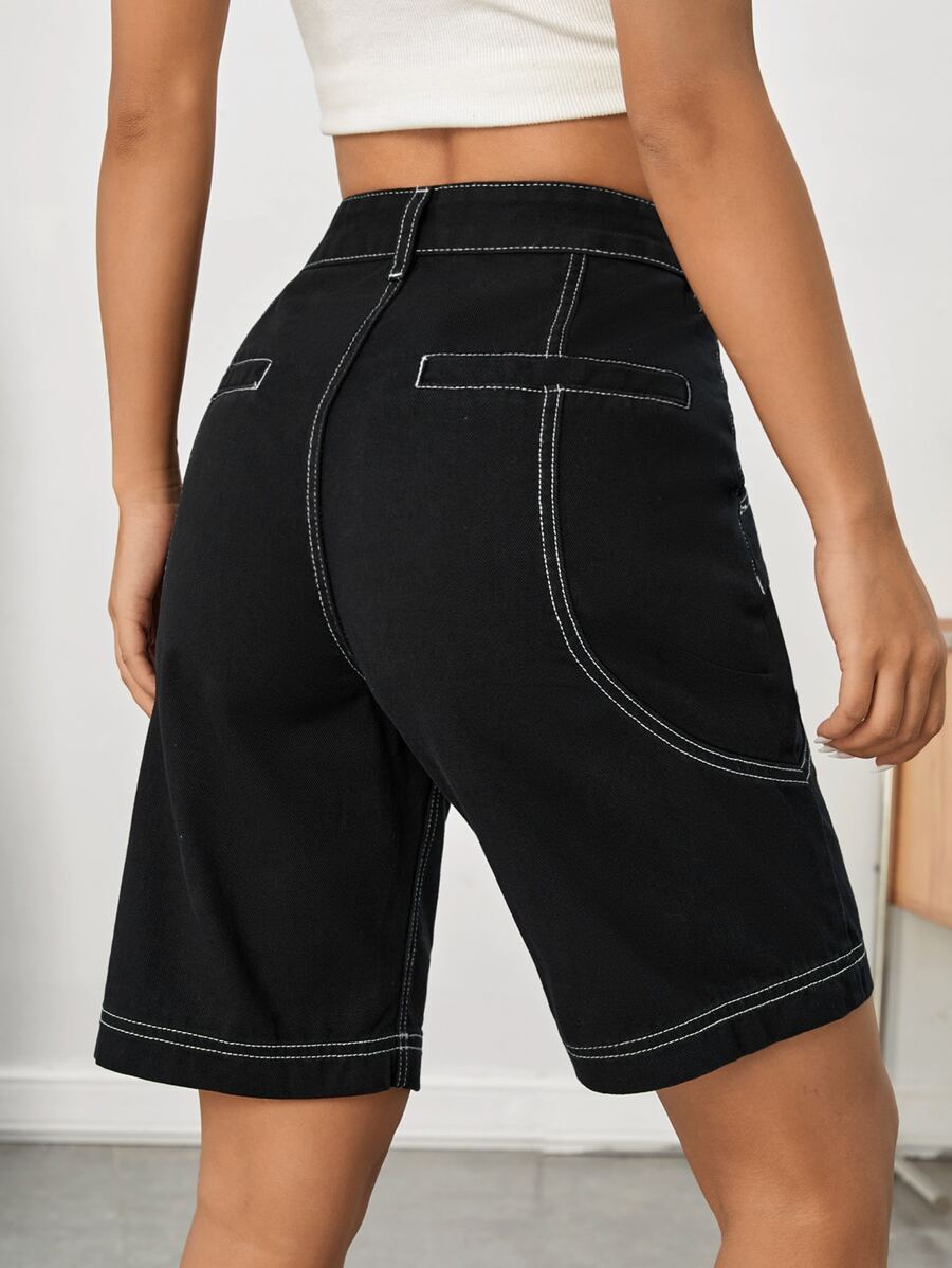 High Waist Top-stitching Bermuda Denim Shorts - Black - View 1