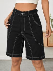 High Waist Top-stitching Bermuda Denim Shorts - Black - View 4